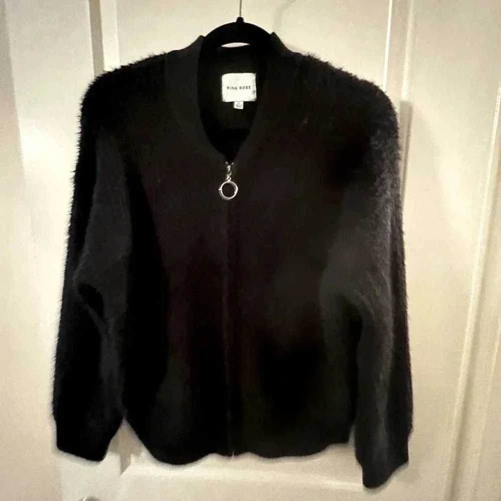 Black zippered front ultra soft, fluffy, fuzzy knit, waist high sweater jacket…
